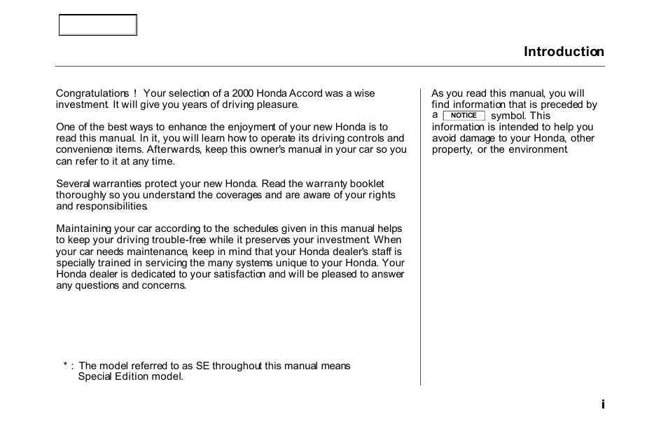 Introduction | HONDA 2000 Accord Sedan - Owner's Manual User Manual | Page 3 / 329