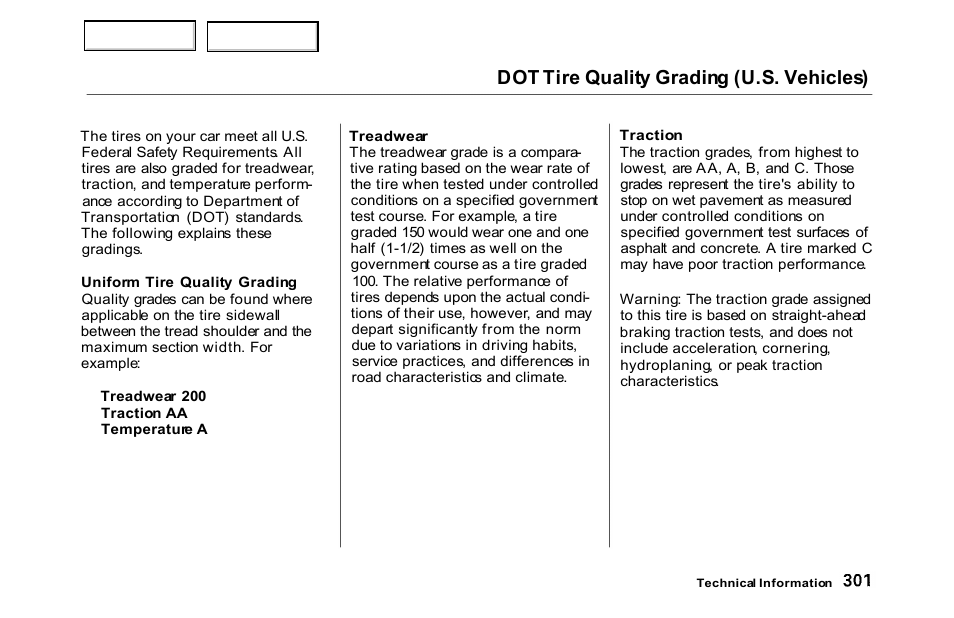 Traction, Dot tire quality grading (u.s. vehicles) | HONDA 2000 Accord Sedan - Owner's Manual User Manual | Page 304 / 329