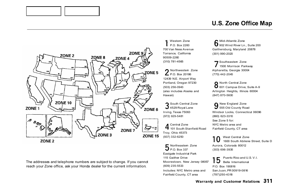 U.s. zone office map | HONDA 2000 Accord Sedan - Owner's Manual User Manual | Page 314 / 329