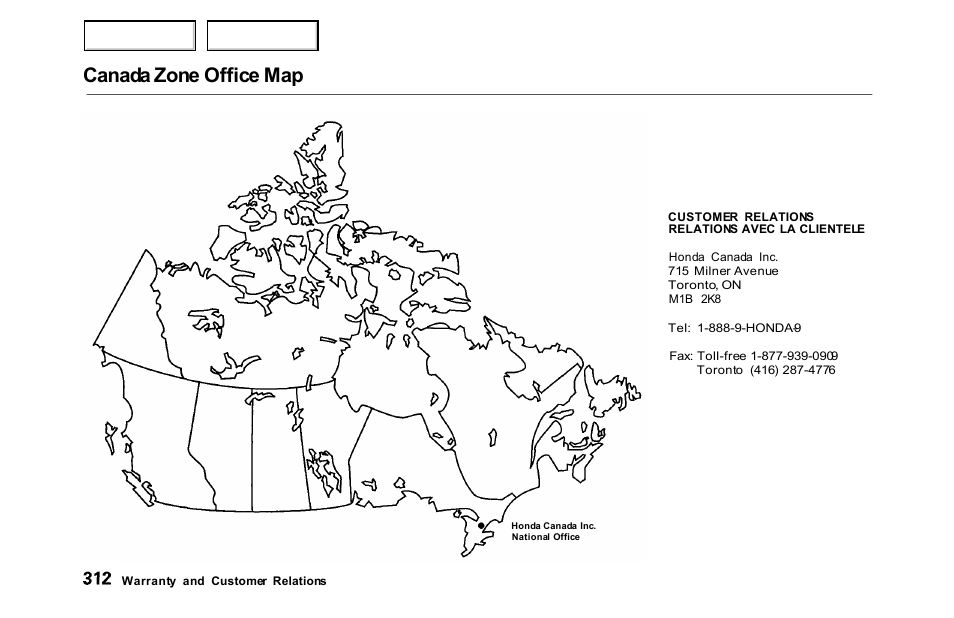 Canada zone office map | HONDA 2000 Accord Sedan - Owner's Manual User Manual | Page 315 / 329