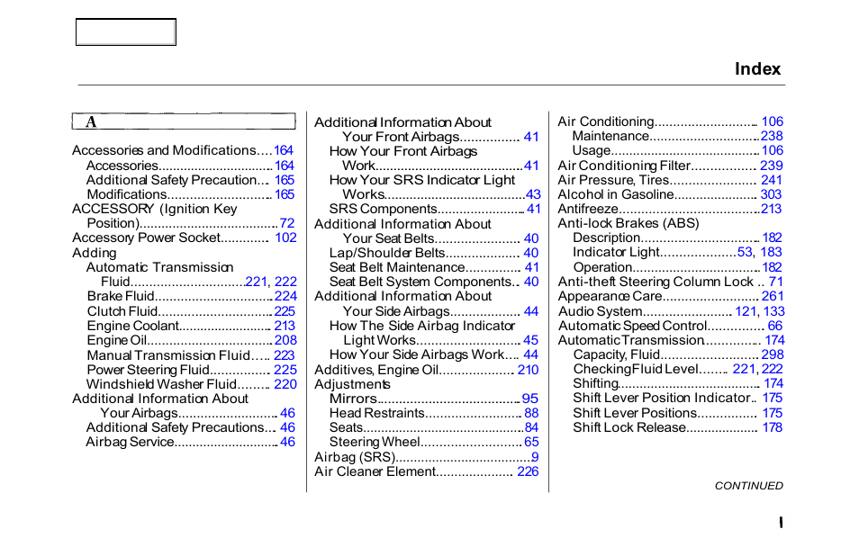 Index | HONDA 2000 Accord Sedan - Owner's Manual User Manual | Page 320 / 329