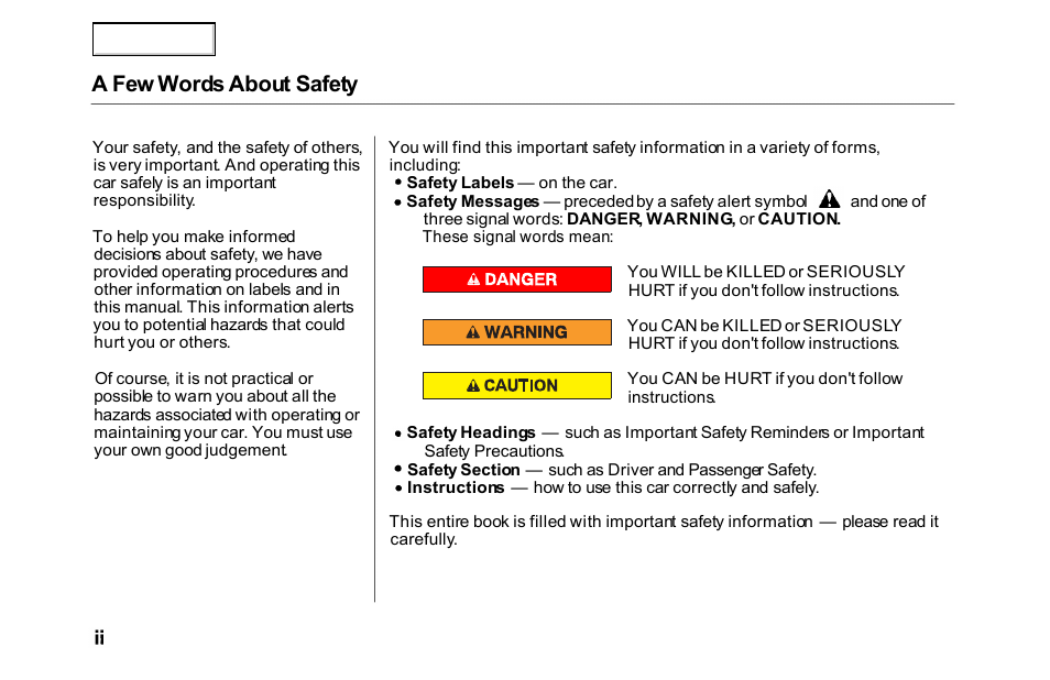 A few words about safety | HONDA 2000 Accord Sedan - Owner's Manual User Manual | Page 4 / 329