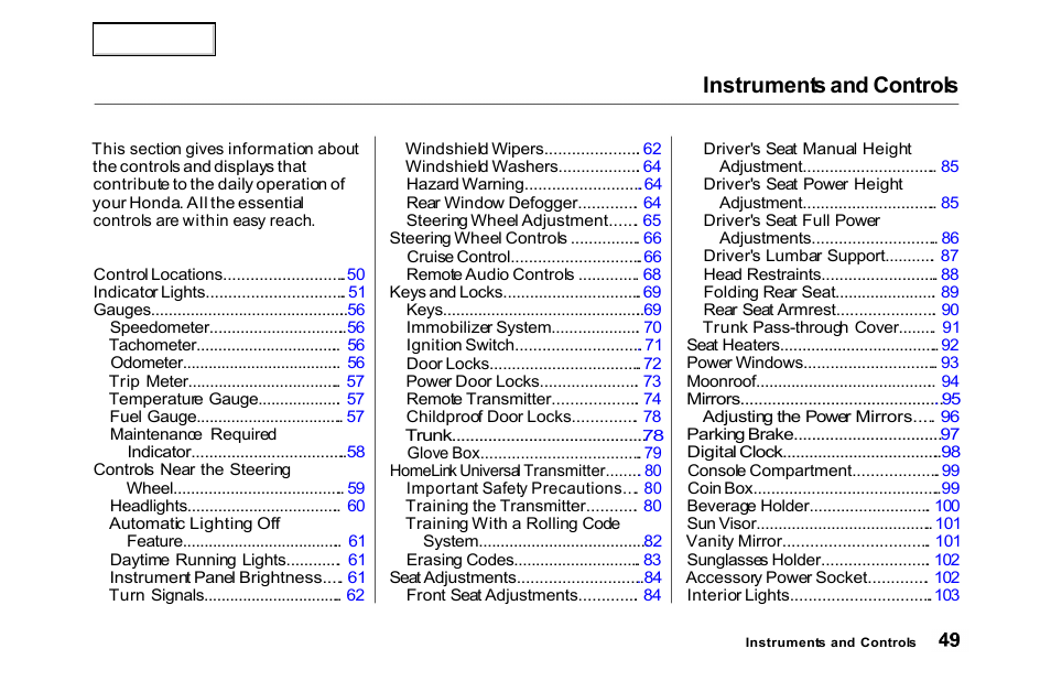 Instruments and controls | HONDA 2000 Accord Sedan - Owner's Manual User Manual | Page 52 / 329