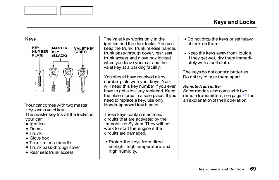 Keys, Keys and locks | HONDA 2000 Accord Sedan - Owner's Manual User Manual | Page 72 / 329