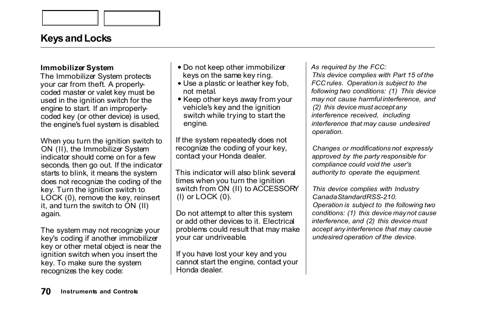 Keys and locks | HONDA 2000 Accord Sedan - Owner's Manual User Manual | Page 73 / 329