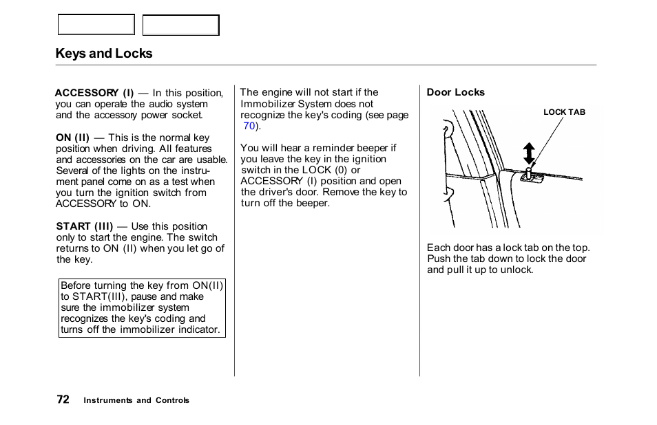 Keys and locks | HONDA 2000 Accord Sedan - Owner's Manual User Manual | Page 75 / 329