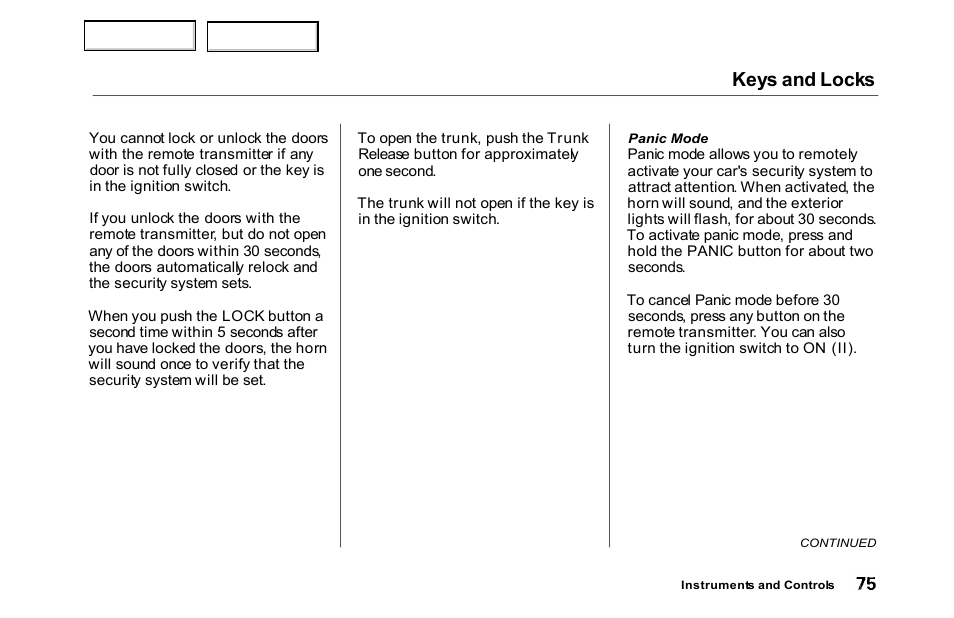 Keys and locks | HONDA 2000 Accord Sedan - Owner's Manual User Manual | Page 78 / 329