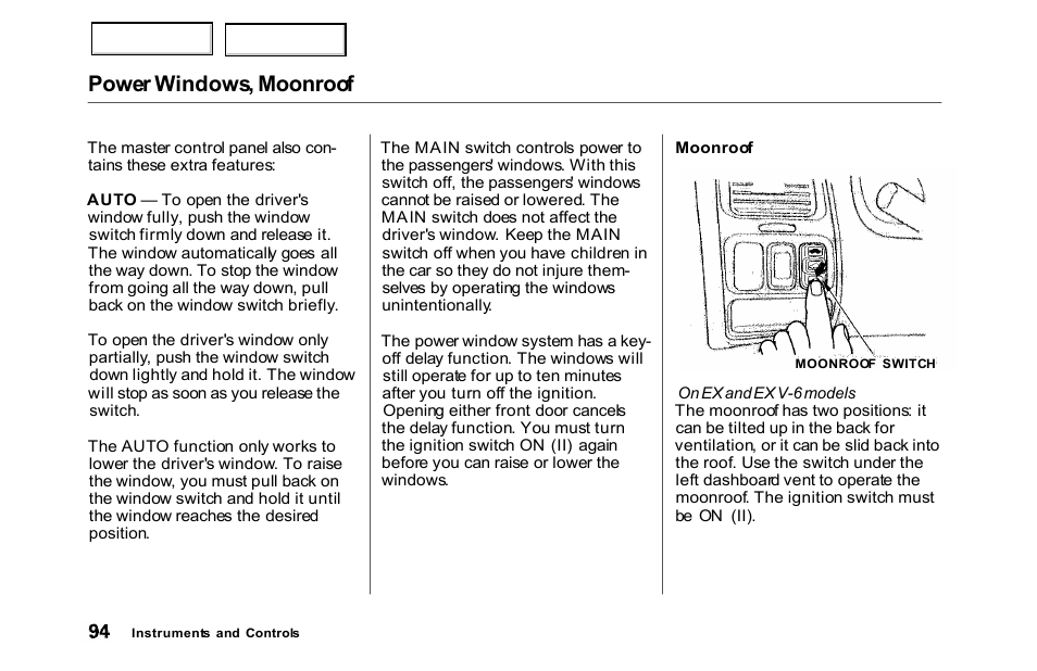 Power windows, moonroof | HONDA 2000 Accord Sedan - Owner's Manual User Manual | Page 97 / 329