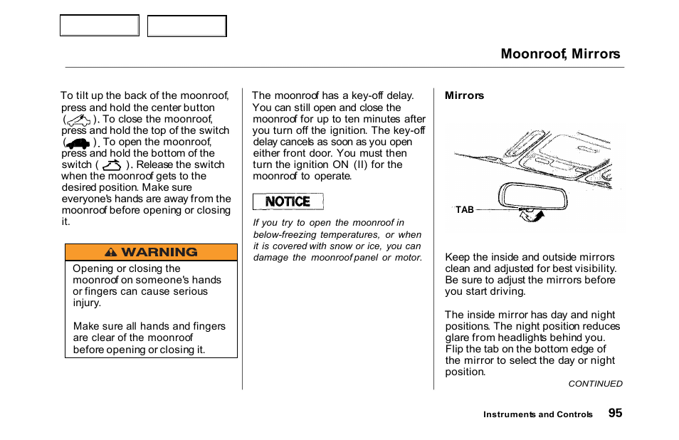 Mirrors, Moonroof, mirrors | HONDA 2000 Accord Sedan - Owner's Manual User Manual | Page 98 / 329