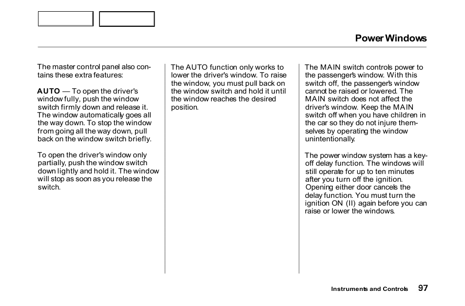 Power windows | HONDA 2000 Accord Coupe - Owner's Manual User Manual | Page 100 / 338