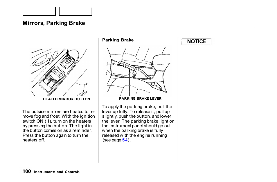 Mirrors, parking brake, Notice | HONDA 2000 Accord Coupe - Owner's Manual User Manual | Page 103 / 338