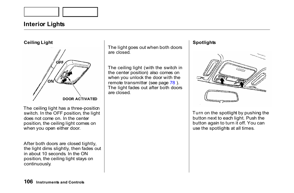 Spotlights, Interior lights | HONDA 2000 Accord Coupe - Owner's Manual User Manual | Page 109 / 338