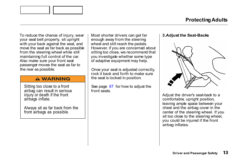 Protecting adults | HONDA 2000 Accord Coupe - Owner's Manual User Manual | Page 16 / 338