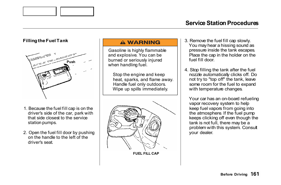 Service station procedures | HONDA 2000 Accord Coupe - Owner's Manual User Manual | Page 164 / 338