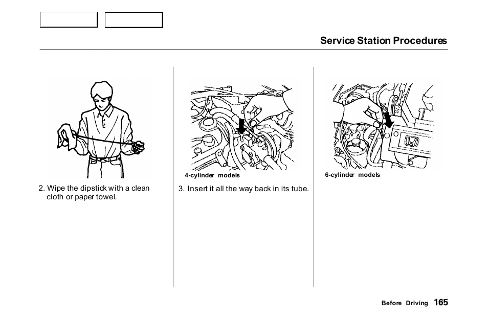 Service station procedures | HONDA 2000 Accord Coupe - Owner's Manual User Manual | Page 168 / 338
