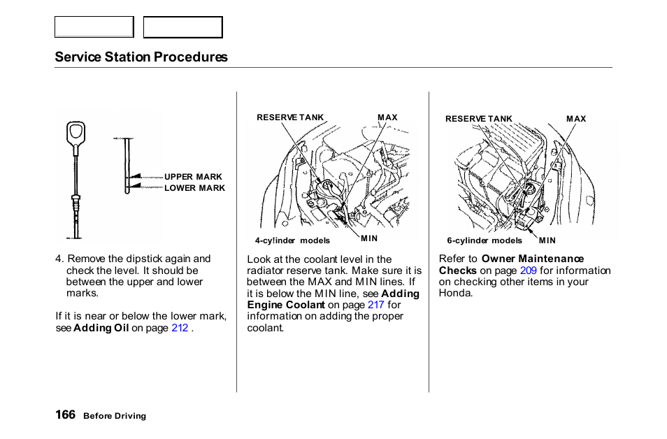 Service station procedures | HONDA 2000 Accord Coupe - Owner's Manual User Manual | Page 169 / 338