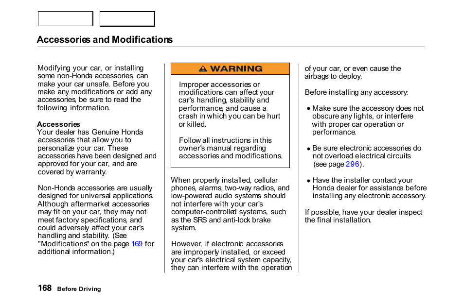 Accessories and modifications | HONDA 2000 Accord Coupe - Owner's Manual User Manual | Page 171 / 338