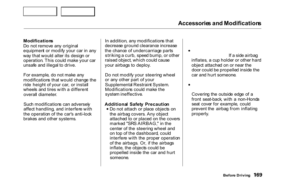 Accessories and modifications | HONDA 2000 Accord Coupe - Owner's Manual User Manual | Page 172 / 338