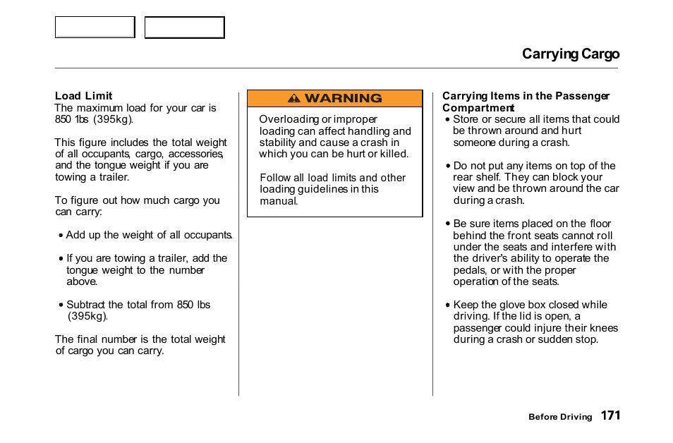 Carrying cargo | HONDA 2000 Accord Coupe - Owner's Manual User Manual | Page 174 / 338