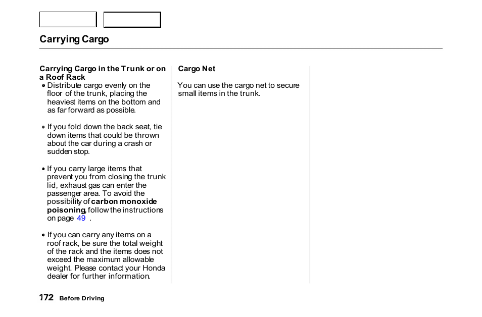Carrying cargo | HONDA 2000 Accord Coupe - Owner's Manual User Manual | Page 175 / 338