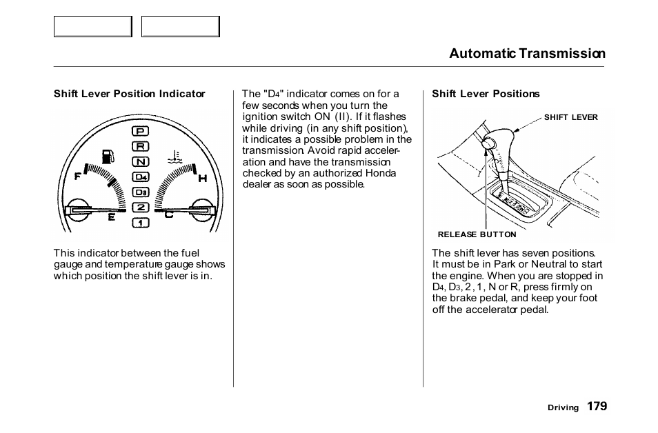 Automatic transmission | HONDA 2000 Accord Coupe - Owner's Manual User Manual | Page 182 / 338