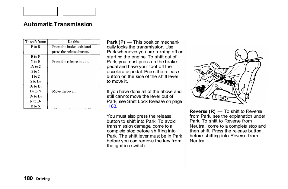 Automatic transmission | HONDA 2000 Accord Coupe - Owner's Manual User Manual | Page 183 / 338