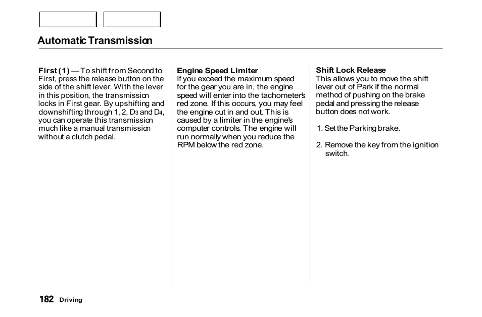 Automatic transmission | HONDA 2000 Accord Coupe - Owner's Manual User Manual | Page 185 / 338