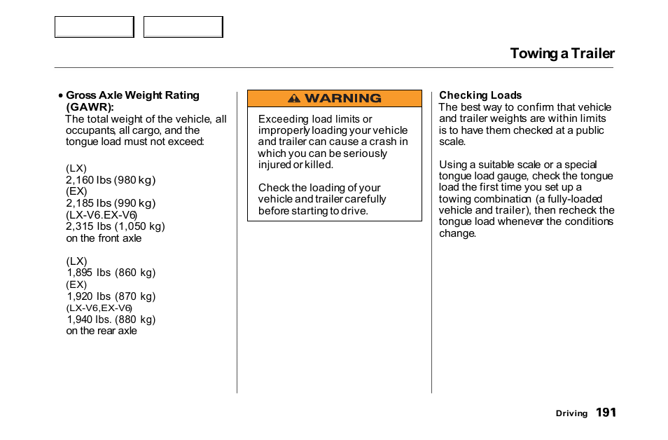 Towing a trailer | HONDA 2000 Accord Coupe - Owner's Manual User Manual | Page 194 / 338