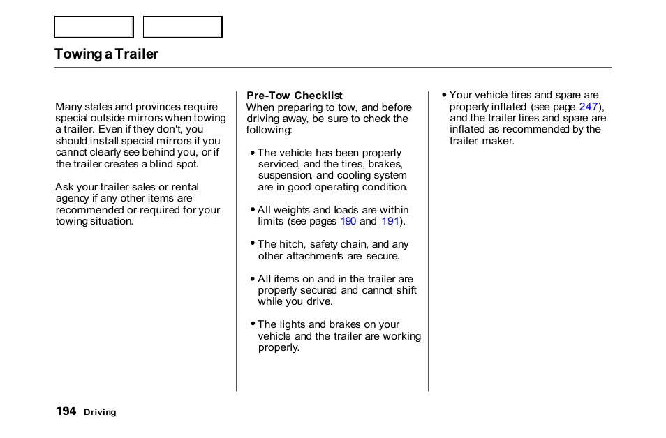 Towing a trailer | HONDA 2000 Accord Coupe - Owner's Manual User Manual | Page 197 / 338