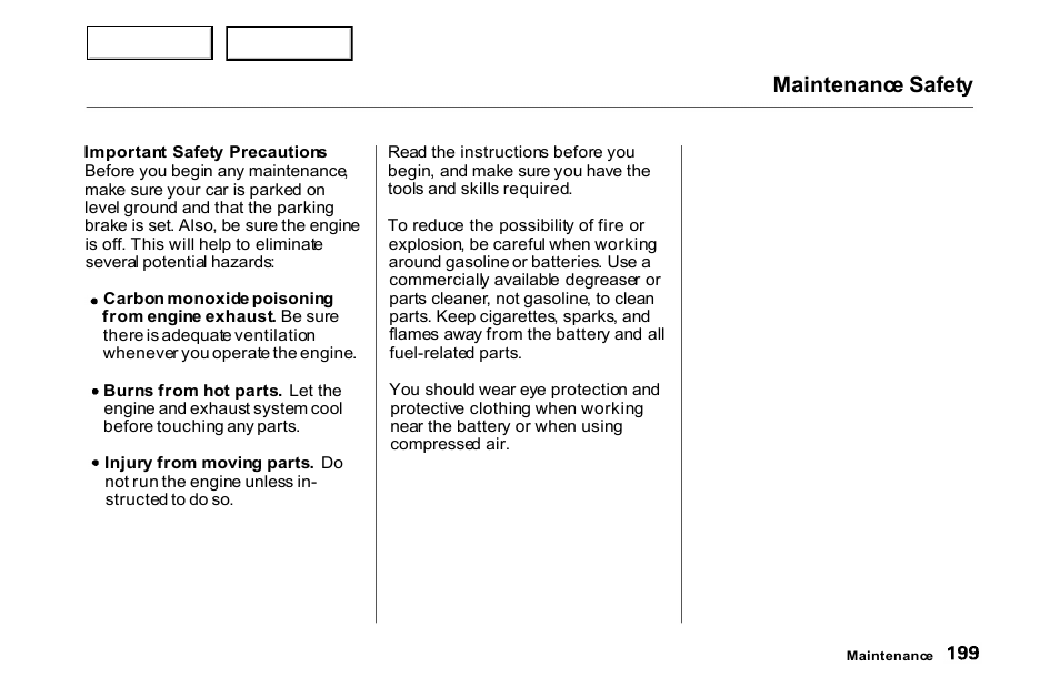 Maintenance safety | HONDA 2000 Accord Coupe - Owner's Manual User Manual | Page 202 / 338