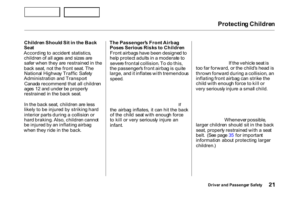 Seat, Protecting children | HONDA 2000 Accord Coupe - Owner's Manual User Manual | Page 24 / 338
