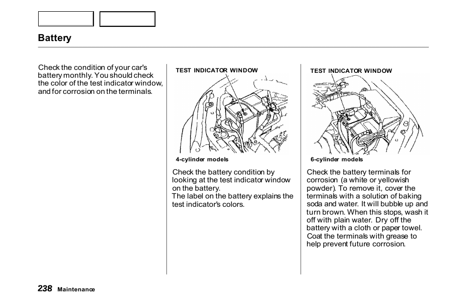 Battery | HONDA 2000 Accord Coupe - Owner's Manual User Manual | Page 241 / 338