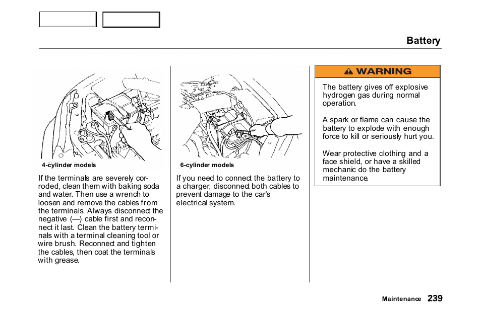 Battery | HONDA 2000 Accord Coupe - Owner's Manual User Manual | Page 242 / 338
