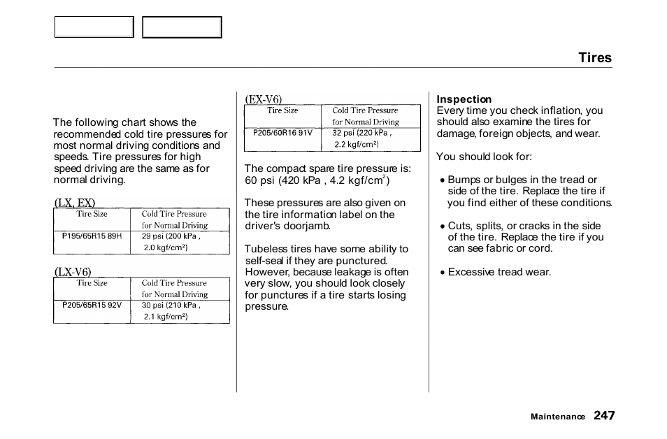 Tires | HONDA 2000 Accord Coupe - Owner's Manual User Manual | Page 250 / 338