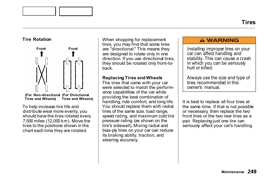 Tires | HONDA 2000 Accord Coupe - Owner's Manual User Manual | Page 252 / 338