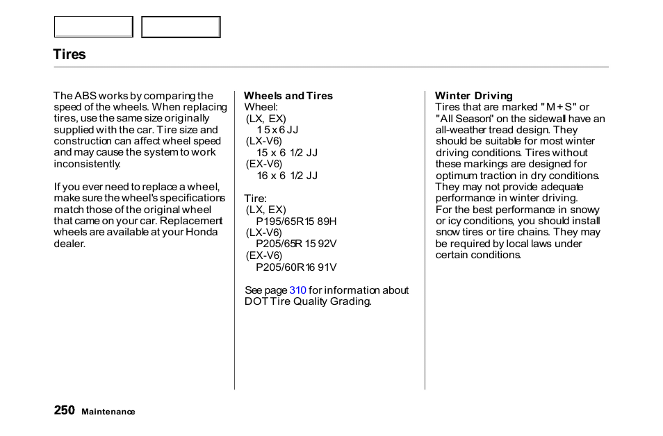 Tires | HONDA 2000 Accord Coupe - Owner's Manual User Manual | Page 253 / 338
