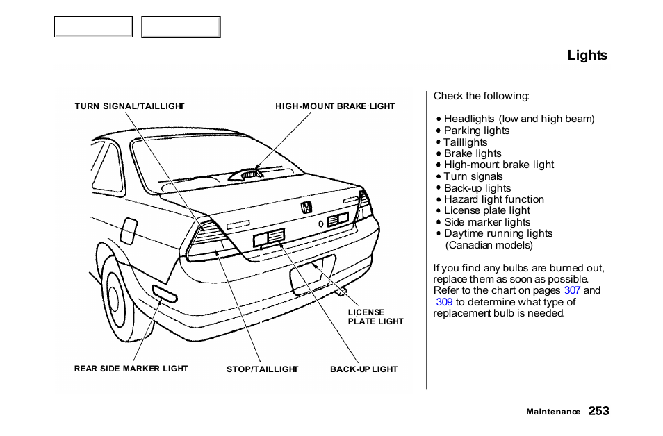 Lights | HONDA 2000 Accord Coupe - Owner's Manual User Manual | Page 256 / 338