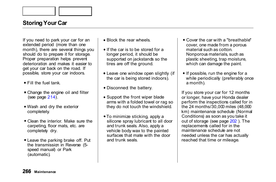 Storing your car | HONDA 2000 Accord Coupe - Owner's Manual User Manual | Page 269 / 338