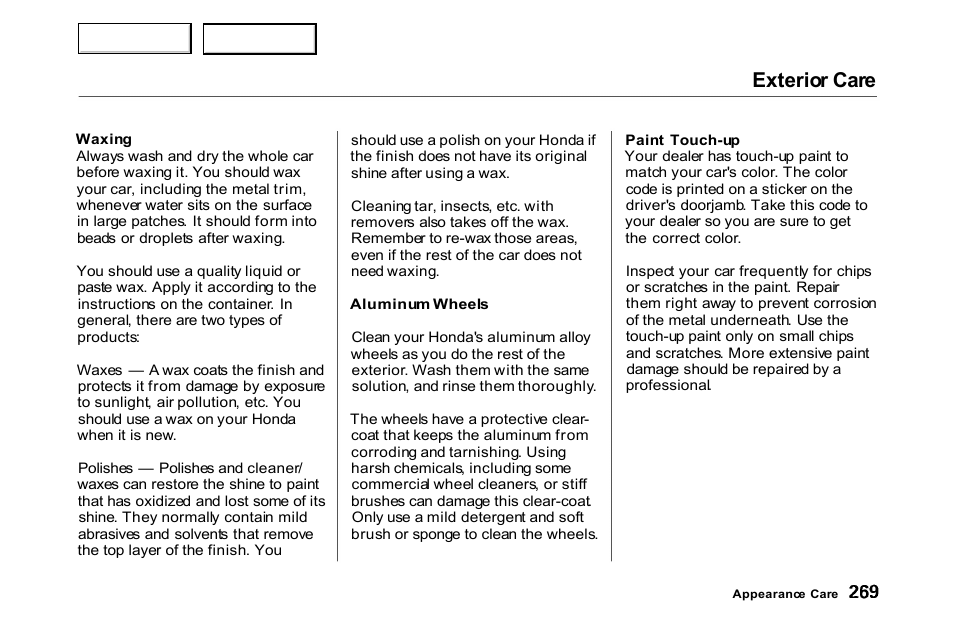 Exterior care | HONDA 2000 Accord Coupe - Owner's Manual User Manual | Page 272 / 338