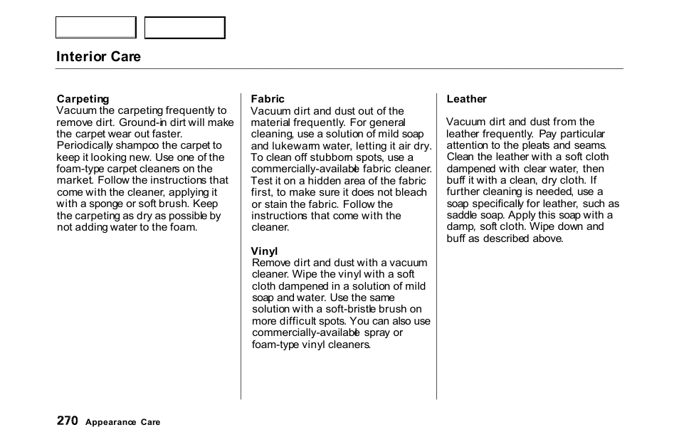 Vinyl, Interior care | HONDA 2000 Accord Coupe - Owner's Manual User Manual | Page 273 / 338