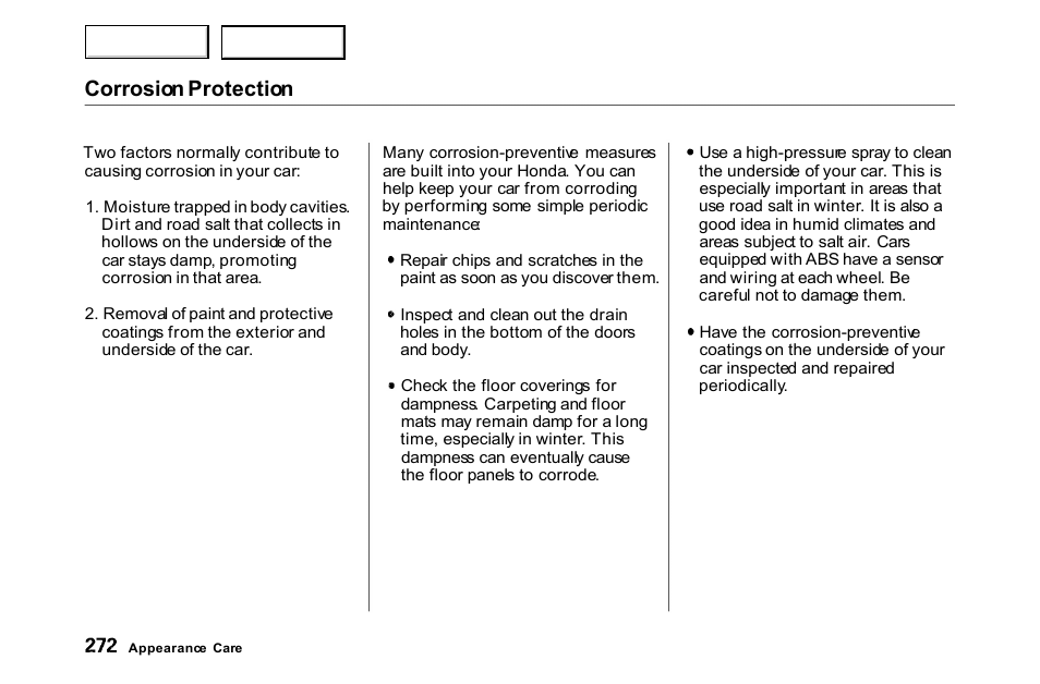 Corrosion protection | HONDA 2000 Accord Coupe - Owner's Manual User Manual | Page 275 / 338