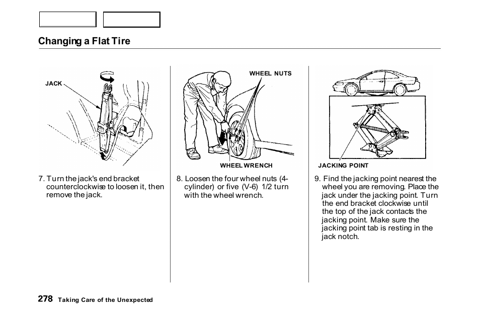 Changing a flat tire | HONDA 2000 Accord Coupe - Owner's Manual User Manual | Page 281 / 338