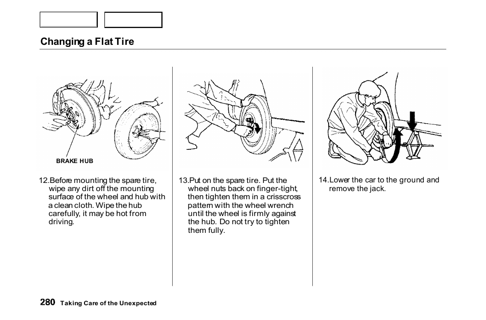 Changing a flat tire | HONDA 2000 Accord Coupe - Owner's Manual User Manual | Page 283 / 338