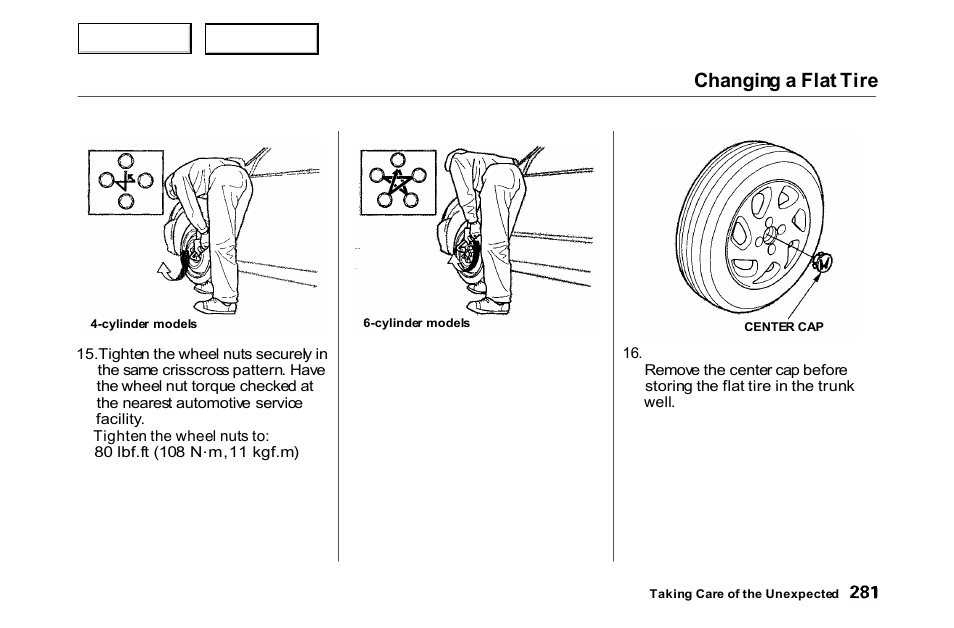 Changing a flat tire | HONDA 2000 Accord Coupe - Owner's Manual User Manual | Page 284 / 338