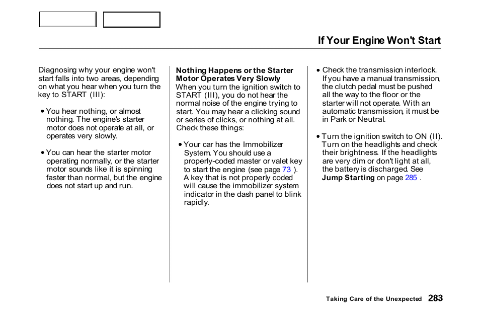 If your engine won't start | HONDA 2000 Accord Coupe - Owner's Manual User Manual | Page 286 / 338