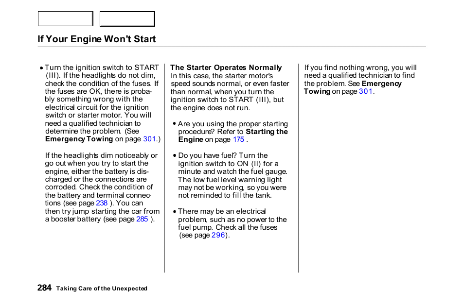 Normally, If your engine won't start | HONDA 2000 Accord Coupe - Owner's Manual User Manual | Page 287 / 338