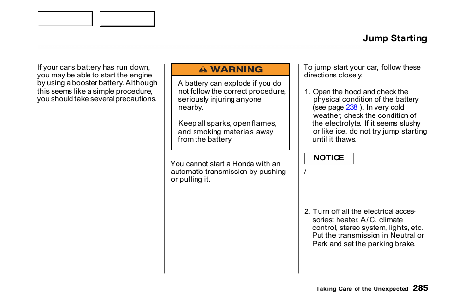 Jump starting | HONDA 2000 Accord Coupe - Owner's Manual User Manual | Page 288 / 338