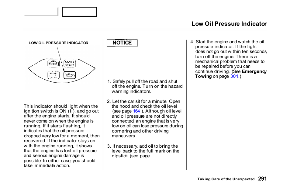 Low oil pressure indicator | HONDA 2000 Accord Coupe - Owner's Manual User Manual | Page 294 / 338