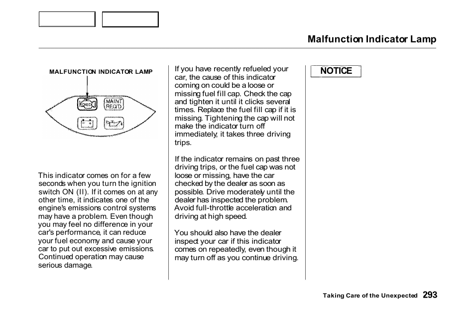 Malfunction indicator lamp | HONDA 2000 Accord Coupe - Owner's Manual User Manual | Page 296 / 338