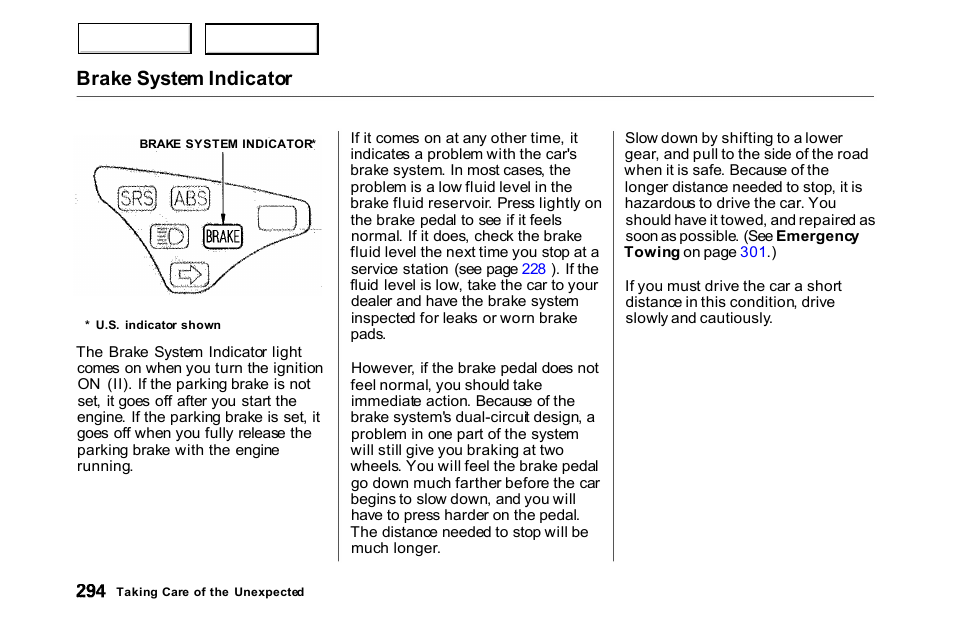 Brake system indicator | HONDA 2000 Accord Coupe - Owner's Manual User Manual | Page 297 / 338